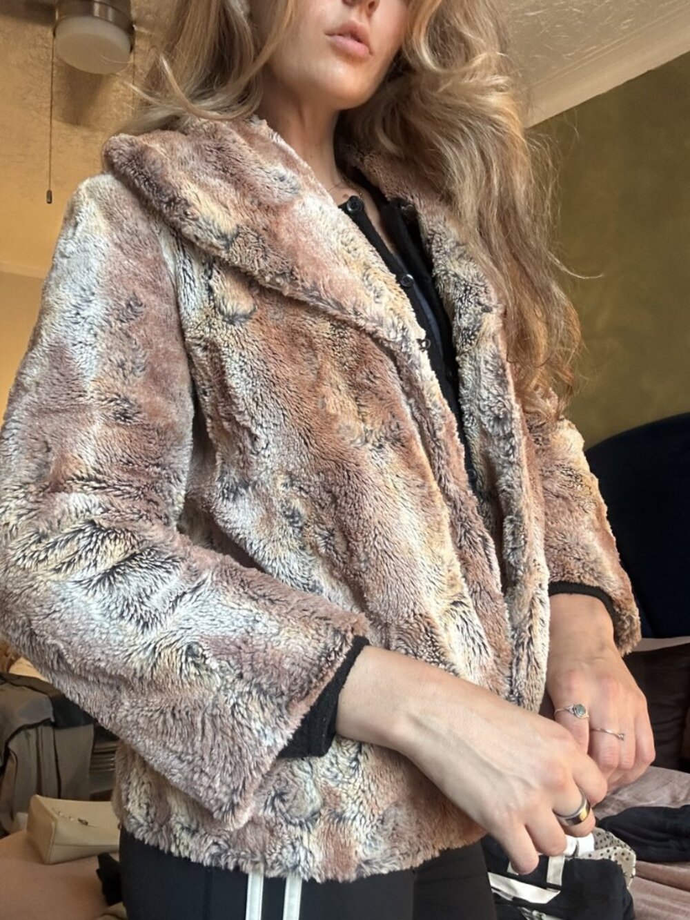 Alice + Olivia Faux Fur Jacket Pink Brown Cream Cropped Shawl Collar
